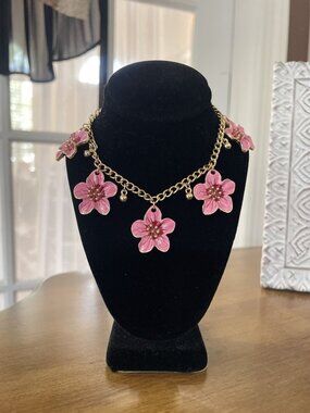 Pink Floral Charm Anklet | Gold Tone Chain Coquette Summer Jewelry | Adjustable